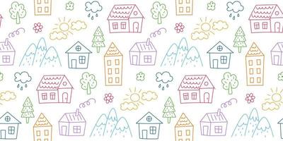 Seamless pattern with children drawings. Kids doodle houses, mountains and trees. Hand drawn childish pattern with fairy town. Cute baby texture. Vector illustration on white background