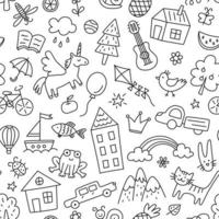 Children drawings seamless pattern. Kids doodle texture. Hand drawn cute house, cat, frog, unicorn. Baby seamless pattern. Editable stroke. Vector illustration on white background