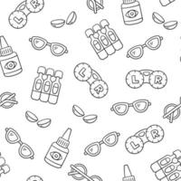 Ophthalmology, optometry hand drawn seamless pattern. Contact lenses, eye drops and glasses in doodle style. Optometry doodle pattern. Vector illustration on white background