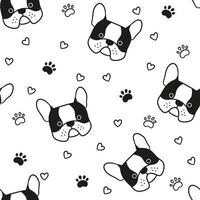 Dogs seamless pattern with face of French bulldog. Texture with dog heads. Hand drawn vector illustration in doodle style on white background