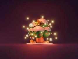 3D Rendering concept of gift box Christmas tree and shiny star on dark background. 3d render cartoon style. photo
