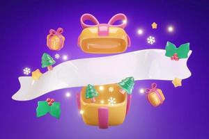 3D Rendering gift box open with big ribbon space for text and cute Xmas elements concept of Christmas background for commercial. 3d render cartoon style. photo