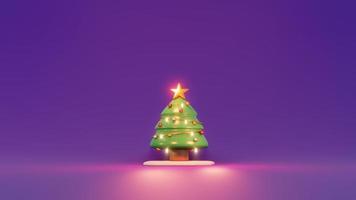 3D Rendering concept of gift box Christmas tree and shiny star on purple background. 3d render cartoon style. photo