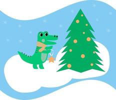 christmas cheerful dinosaur crocodile decorates the christmas tree vector