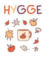 lema hygge impreso con taza, hojas de otoño y manzanas. vector