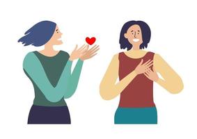 Valentines day. A woman gives another woman a heart with a confession of her feelings. vector