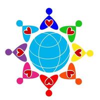 Colored men with hearts around globe. Globe, people, icon vector illustration eps10