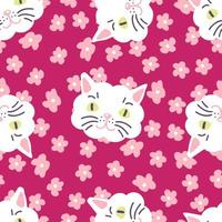 Cute seamless pattern with cat faces on floral background. vector