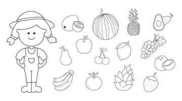 Hand drawn kids drawing vector illustration set of fresh colorful fruits with a farmer