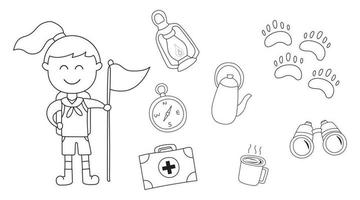 hand drawn set of camping supplies. Cute little kid is camping into the wild. vector