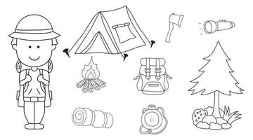 Hand drawn Set of camping supplies. Cute little kid is camping into the wild. Children adventure camping tools vector