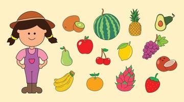 niños dibujando un conjunto de ilustraciones vectoriales de frutas frescas y coloridas con un granjero