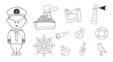 Hand drawn color children sailor set with all sailor equipment and tools. Cute ship captain boat lighthouse sea and ocean sailing tools. vector