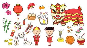 niños dibujando conjunto de ilustración vectorial del año nuevo chino 2023 y lindo conejo para el año del conejo chino vector