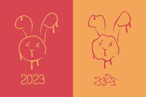 Trendy distorted melting bunny faces and numbers 2023 print collection. vector