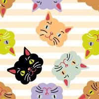 Trendy seamless pattern with cat faces on striped background. vector