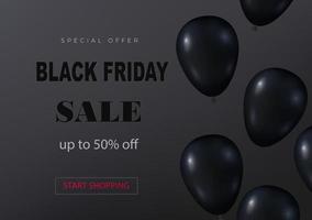 Black friday sale mockup template. On a dark background, black flying balls. Seasonal Sale. Vector illustration