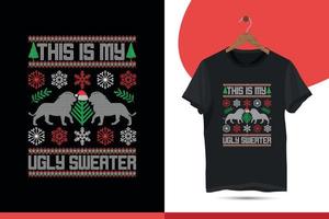 This is my ugly sweater, funny Typography Vector T shirt Design, Christmas Holiday graphic prints set, t shirt designs for ugly sweater x mas party. Festival decor with tree, Santa, gingerbread texts