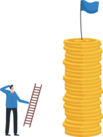 Profit point. Financial goals. Revenue growth or business, organization, company. long-term, short-term and intermediate goals. A businessman climbs a ladder to get a flag atop a high pile of coins. png