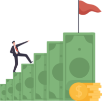 Businessman walking on the money ladder. begin savings to achieve financial goal, power of compound interest. Concept of success and achieving goals. illustration png