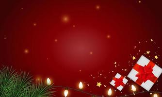 Merry Christmas and happy new year on red background. Merry Christmas with gift box and light, fir branches. Winter holiday decoration for Christmas and new year background. Vector illustration