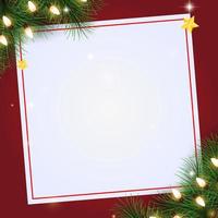 Merry Christmas and happy new year and empty frame on a red background. Merry Christmas with fir branches and Christmas lights. Winter holiday Christmas and new year background. Vector illustration