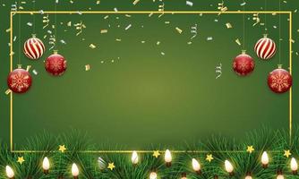 Merry Christmas and happy new year on a green background. Merry Christmas with Christmas balls and fir branches and lights. Winter holiday Christmas and new year background. Vector illustration.
