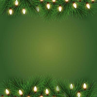 Merry Christmas and happy new year on green background. Merry Christmas with Christmas light and fir branches. Winter holiday for Christmas and new year background. Vector illustration.