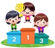 Cute Girl Athletes As Sport Competition Winners Standing On Podium vector