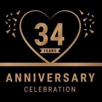 Logotipo de celebración de aniversario de 34 años. logotipo de aniversario con color dorado aislado en fondo negro, diseño vectorial para celebración, tarjeta de invitación y tarjeta de felicitación. ilustración vectorial eps10