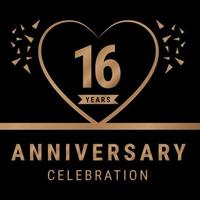 Logotipo de celebración de aniversario de 16 años. logotipo de aniversario con color dorado aislado en fondo negro, diseño vectorial para celebración, tarjeta de invitación y tarjeta de felicitación. ilustración vectorial eps10 vector