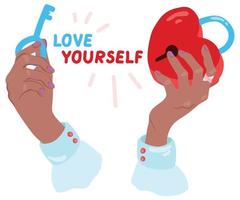 Female hands holding key and heart lock with inscription Love yourself. Hand drawn vector illustration. Suitable for website, stickers, postcards.