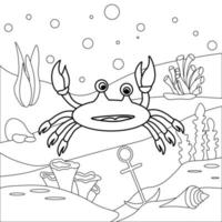 Children's coloring book with the image of a crab and the aquatic world vector