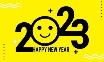 Happy new year 2023. Smile symbol for happiness on 2023 new year concept. 2023 banner for media post template. Flat graphic vector illustration isolated on Yellow background. Eps10 Vector Illustration