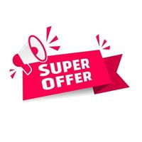 Megaphone with Super offer banner, flat vector. vector