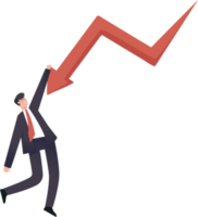 Businessman stuck on danger on arrow graph holding with one hand feeling insecure. financial investment volatility uncertainty or changes in business and the stock market due to risks. png