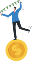 Successful businessman. Business growth. Promote a position. Rewards from the competition. Passion for work duties. Ambition. A young man or businessman is happy on a giant coin. png