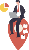 Businessman with Laptop working on big red pin. freelancer or online working, oversea employee concept. illustration png