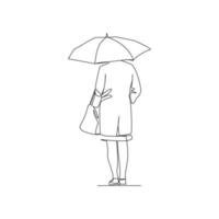 Vector illustration of woman with umbrella drawn in line-art style