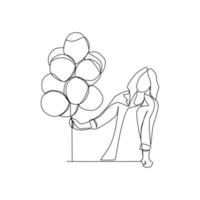 Vector illustration of a girl holding balloons drawn in line-art style