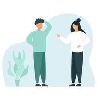 la mujer de negocios explica al hombre de negocios algunas ideas de trabajo para un trabajo en equipo exitoso. debate colectivo. ilustración de personaje plano vector