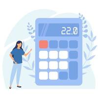 Business woman calculating future success strategy. Work calculation process. Big calculator with numbers vector