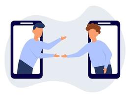 Two business men shaking hands after a successful deal in phones. Good negotiation time. Company strategy for business. vector