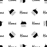 Cute Hand drawn pattern with doodle fairy tale house with window and text home for fabric, prints, kids. Vector illustration.