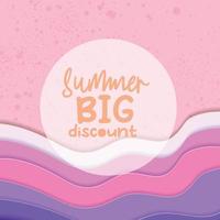 Summer sale banner with paper cut frame on pink sand and beach summer background with curve paper waves and seacoast for banner, flyer, poster or web site design. Paper cut style, vector illustration