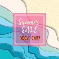 Summer sale banner with paper cut frame beach summer background with curve paper waves and seacoast for banner, flyer, poster or web site design. Paper cut style, vector illustration