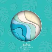 Paper cut out round frame with abstract nature sea summer background with curve paper wave and seacoast for banner, poster or web site design. Paper cut style, sea waves text, vector illustration