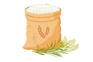 Bag of rice with bunch of ears. Vector illustration of grain harvest with plant stems.