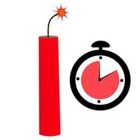 Red dynamite bomb with countdown clock for explosion on white background. The fuse from the burning bomb. Great for logos of explosives, hazardous materials. Vector illustration