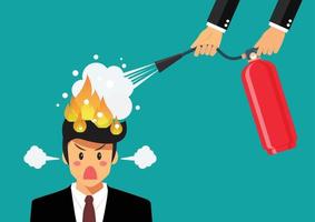 Angry businessman with head on fire gets help from man with extinguisher vector